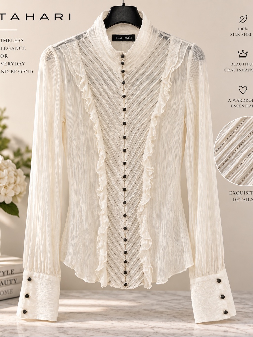 Tahari 100% Silk Ivory Ruffle Pleated Blouse Button Front S
